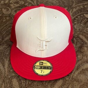 New Era Fear Of God Trucker Fit White Red Cap Hat FOG Sz 7 1/8 Baseball 59FIFTY